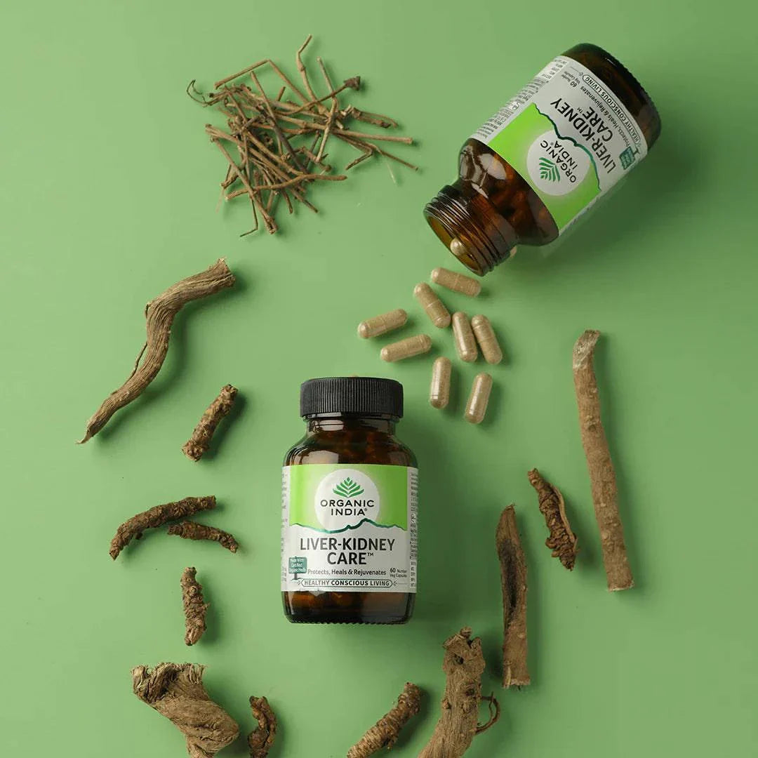 Organic India Liver-Kidney Care supplement capsules by Herbalistas, featuring a bottle of 90 capsules with herbal ingredients.