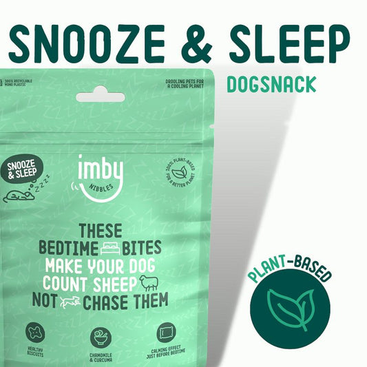 IMBY Snooze & Sleep dog product in a 100g package, featuring calming design and easy-to-read label.