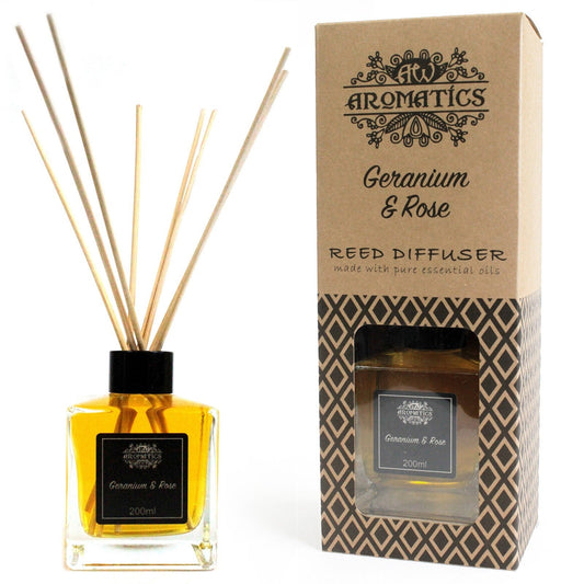 AW GIFTS 200ml Geranium and Rose essential oil reed diffuser with glass bottle and natural reeds for home fragrance.
