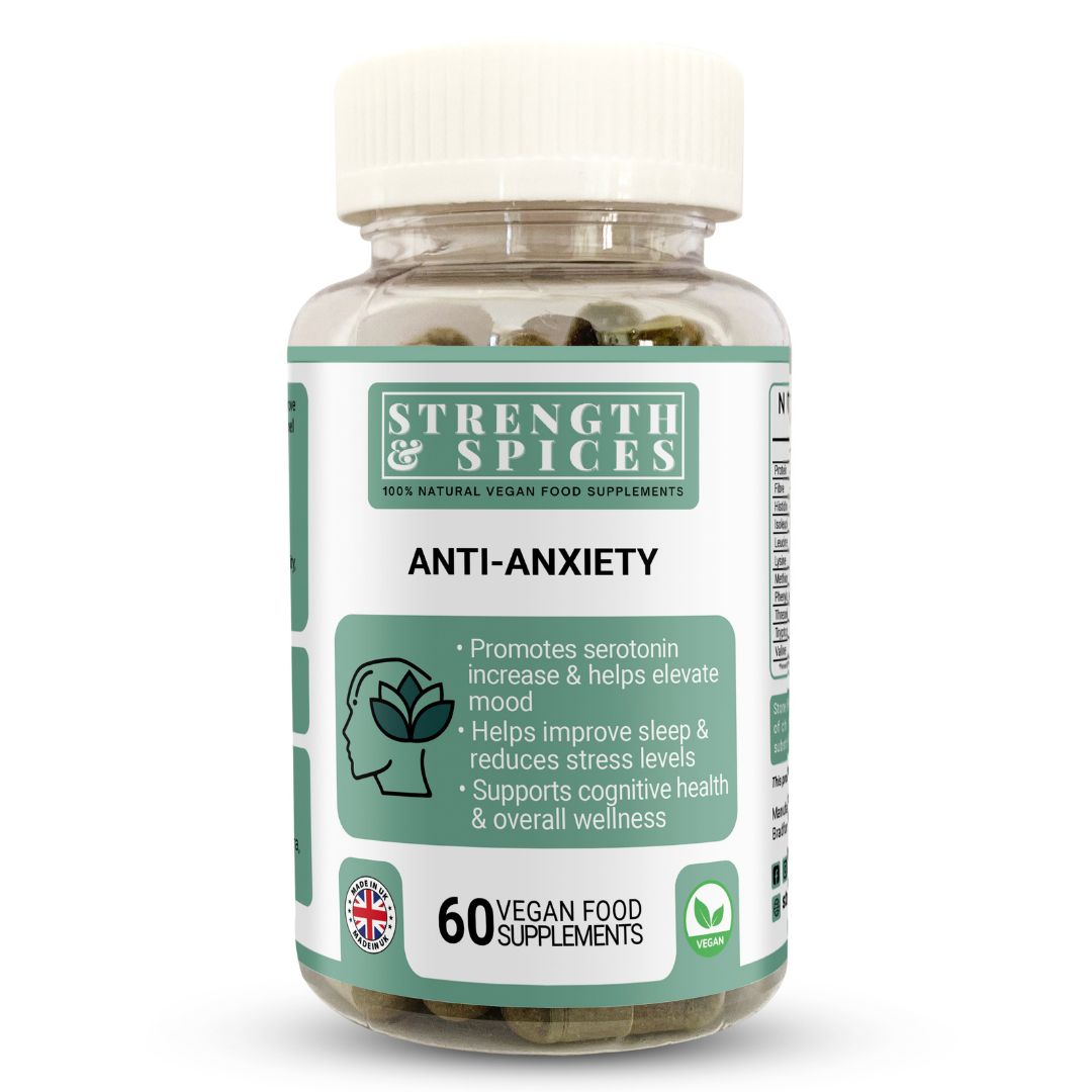 Bottle of Strength & Spices Anxiety & Sleep Support supplement with 60 capsules, labeled 1000mg, featuring natural spice imagery.