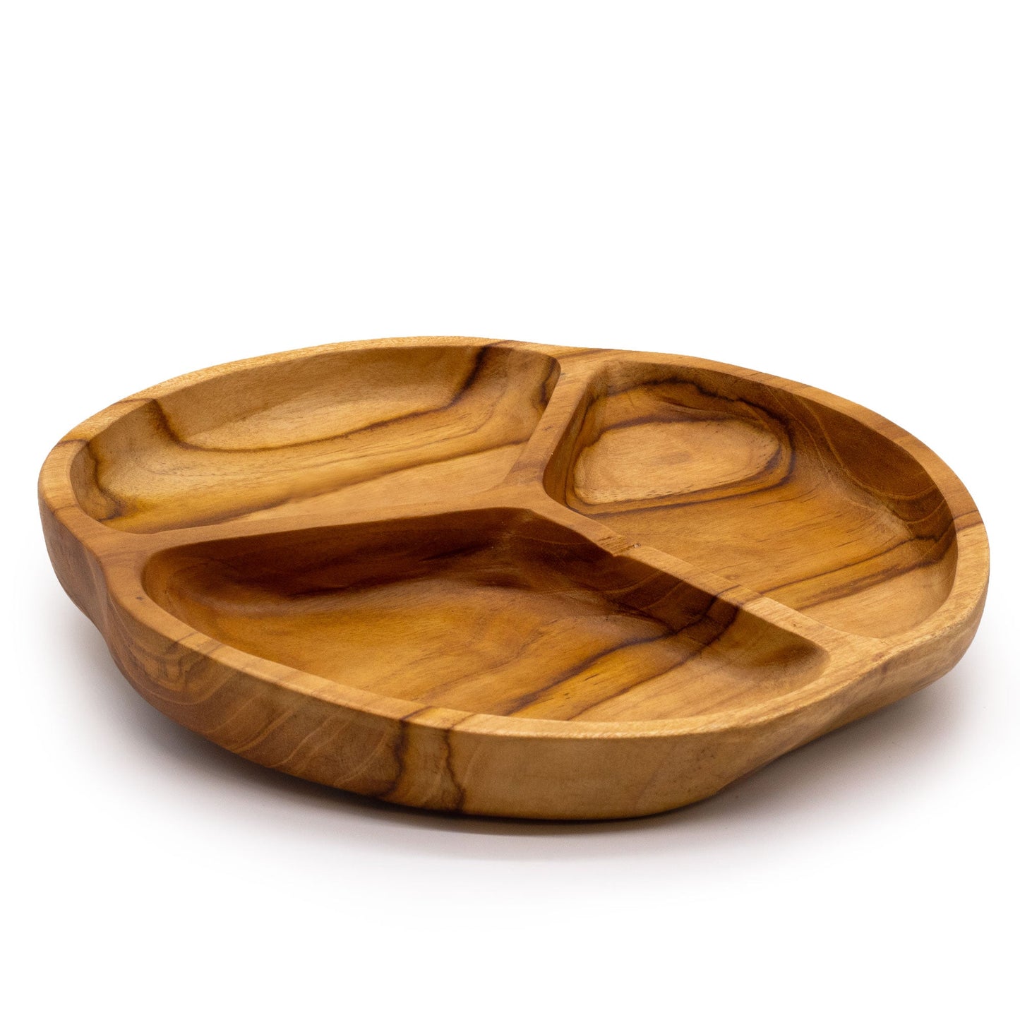 Smooth teakwood fruit bowl with three sections, 30x4cm, handcrafted by AW GIFTS, showcasing a natural wooden finish and segmented design.