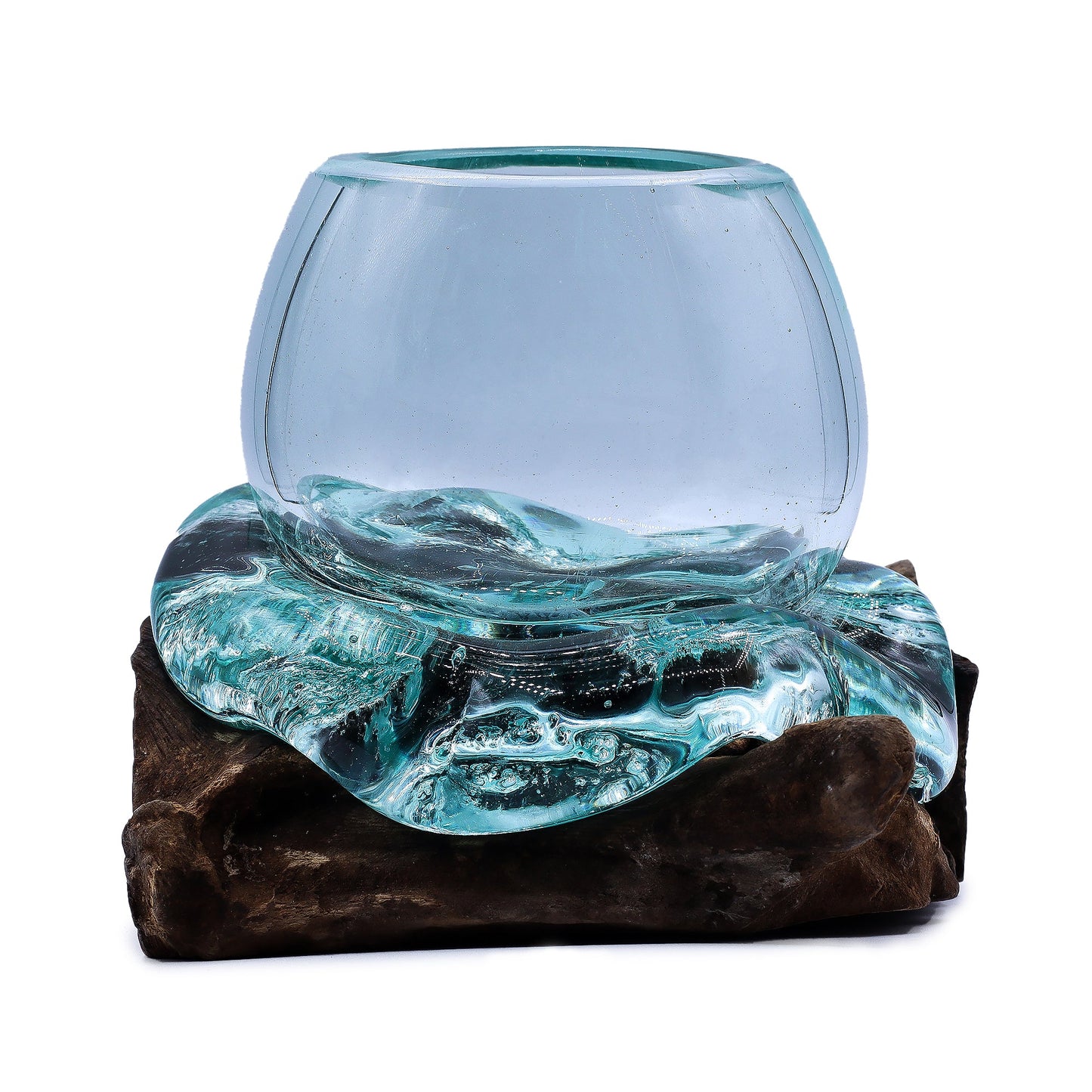 Handmade molten glass bowl with vibrant colors on natural wood base, ideal for home decor by AW GIFTS.