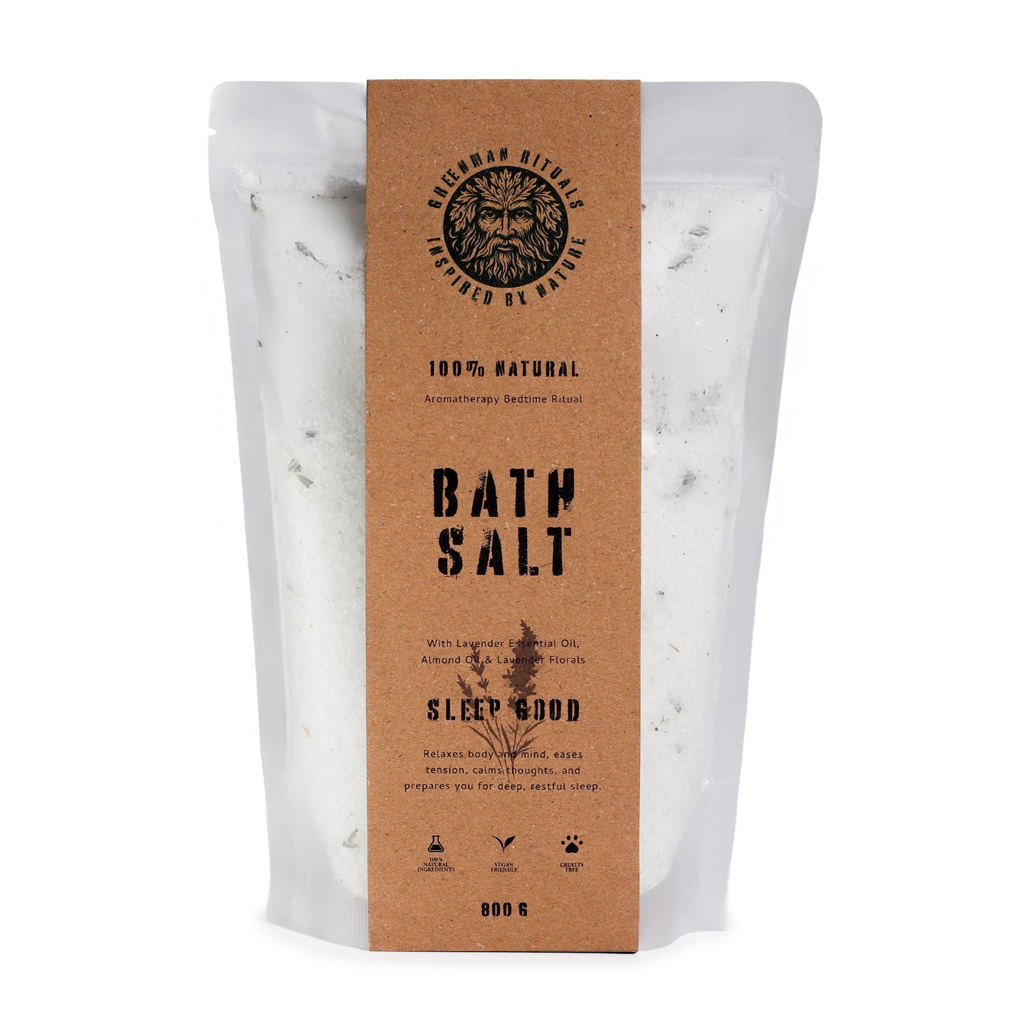 Ancient Wisdom Greenman Rituals Lavender Aromatherapy Epsom Bath Salt for relaxation and restful sleep, shown in a clear container.
