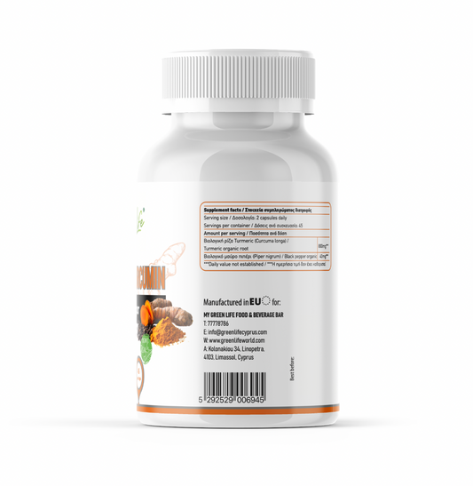 Green Life World organic turmeric curcumin vegan capsules with black pepper, 840mg per serving, shown in a bottle with capsules.
