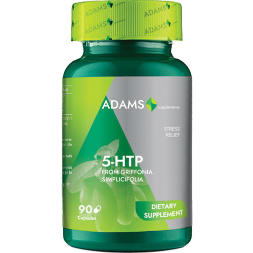 Bottle of Adams Supplements 5-HTP 50mg capsules, dietary supplement for mood support, with 90 capsules in the bottle.