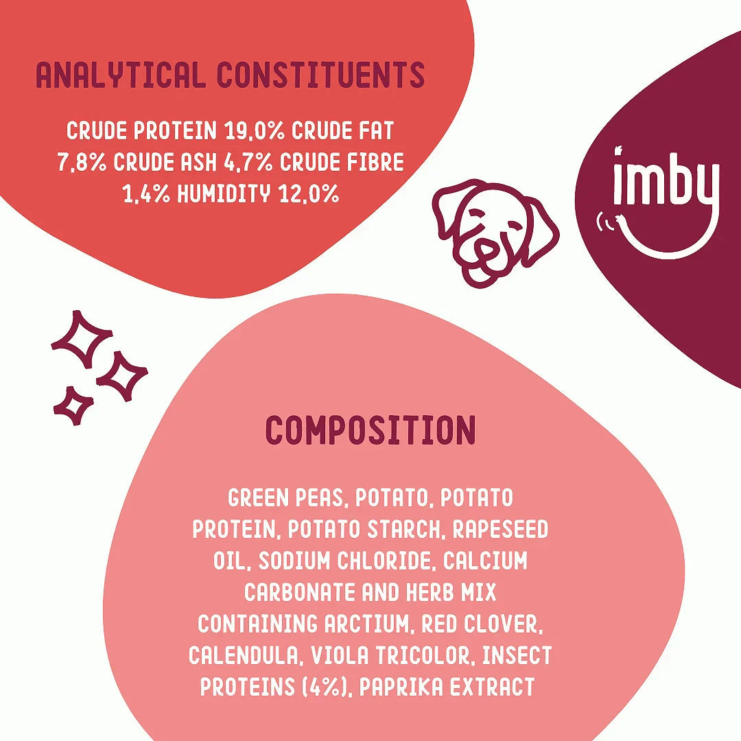 IMBY Skin & Coat supplement for dogs, 100g package featuring natural ingredients for healthy fur and skin.