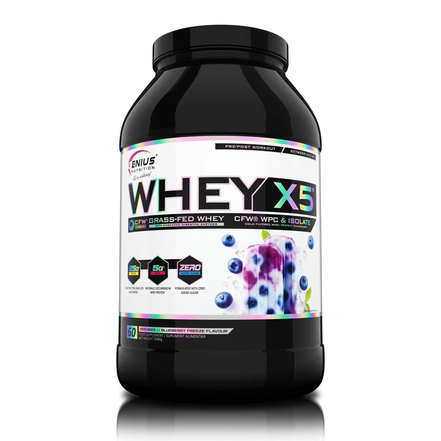 Blueberry flavored Genius Nutrition WHEY-X5® protein powder in 900g container, showcasing the product packaging and fresh blueberries.