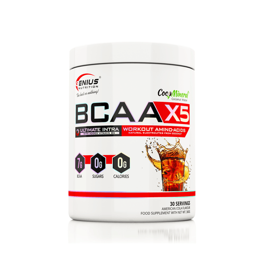 Genius Nutrition BCAA-X5 supplement in American Cola flavor, 360g jar with 30 servings, featuring BCAA powder and branding.