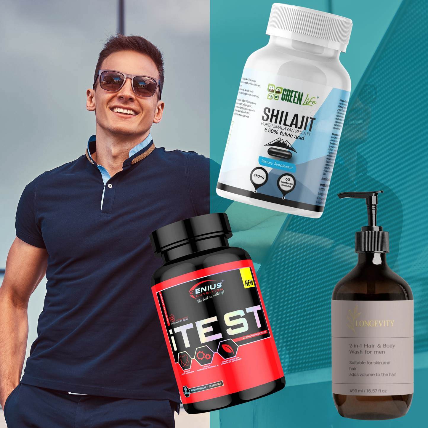 Black wellness bundle for men by Green Life World, featuring health supplements and wellness products in sleek packaging.