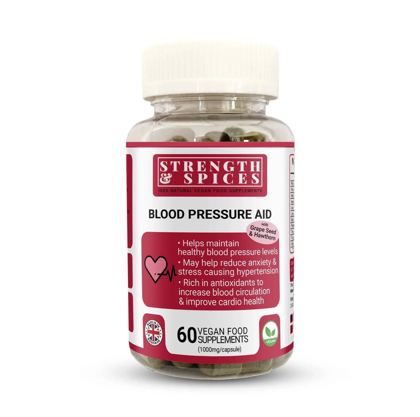Blood pressure supplement by Strength & Spices, 90 capsules, showing the bottle with label and capsules inside.