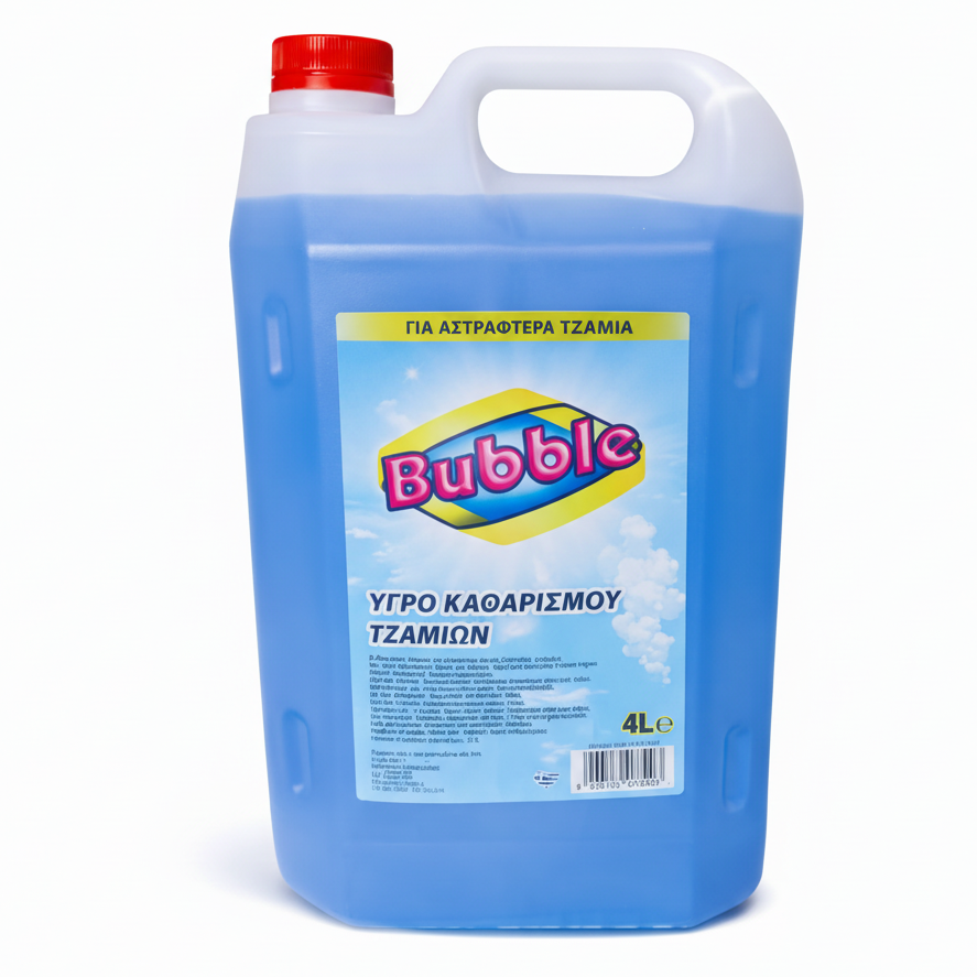 Green Life World Bubble Blue Glass Cleaner 4L bottle showing clear liquid and label with blue accents.