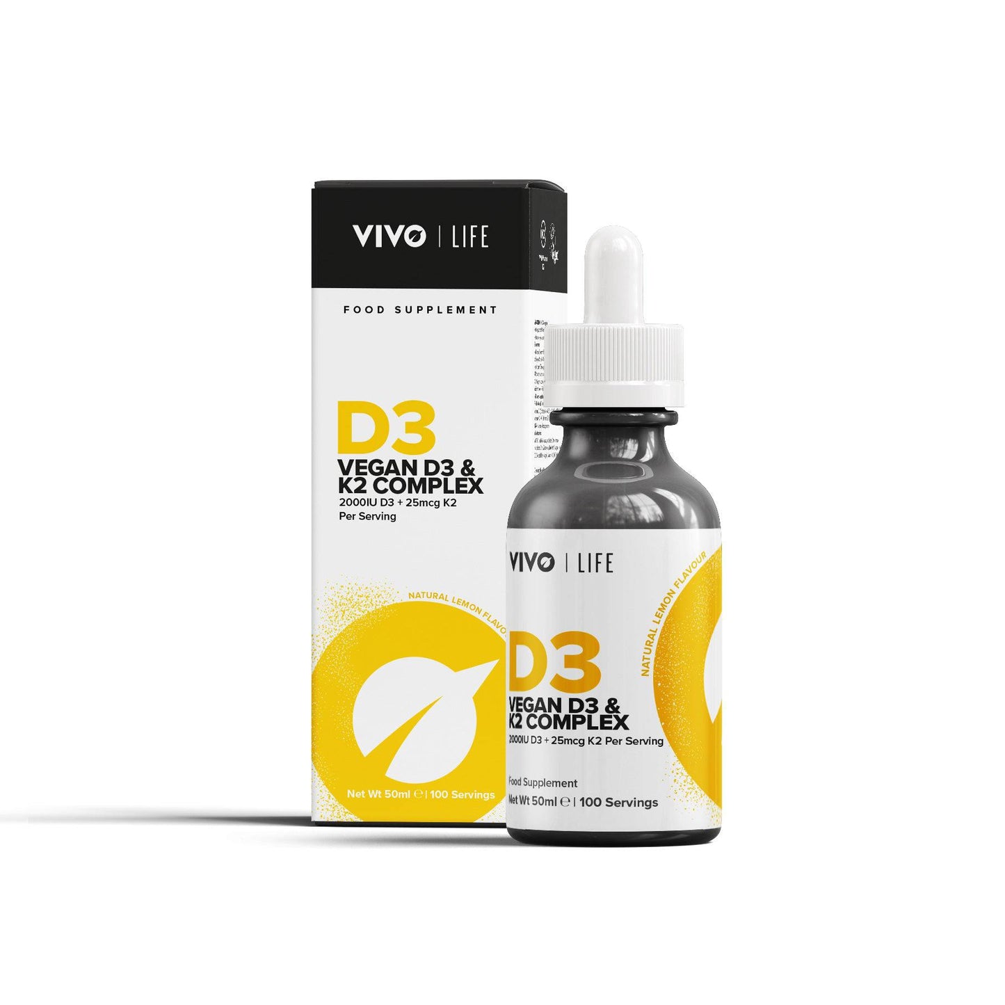 VIVO LIFE Vitamin D3 with K2 plant-based supplement bottle, front view showing label and product details.