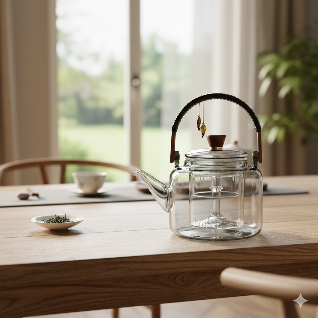 Glass infuser teapot with steamer system, 1000ml capacity, in charcoal color, perfect for brewing loose leaf tea.
