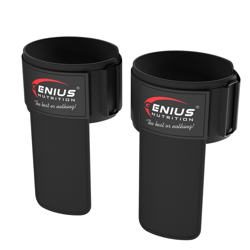 Black BENZI Incheieturi grip pads from Genius Nutrition, designed for hand and wrist support during workouts.