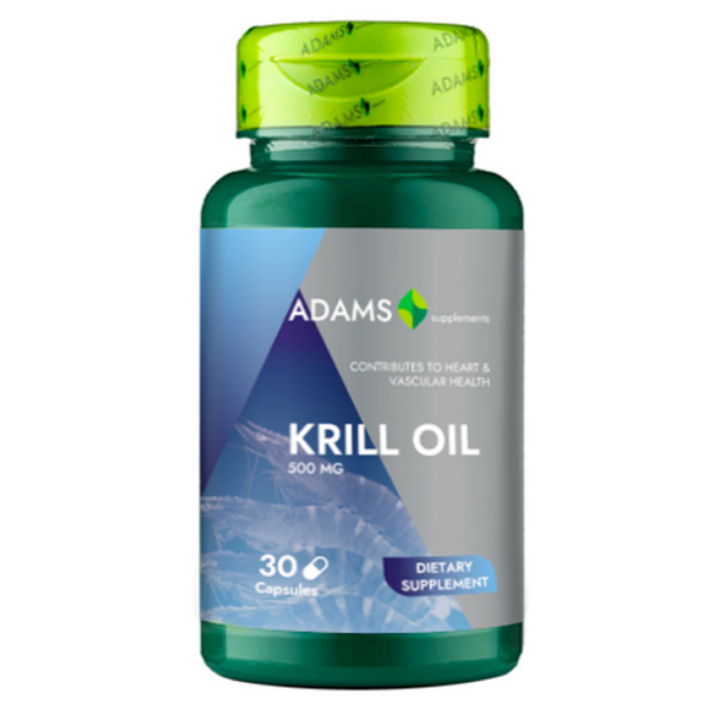 Adams Supplements Krill Oil 500mg supplement capsules, 30 count, softgel form with red and gold packaging.