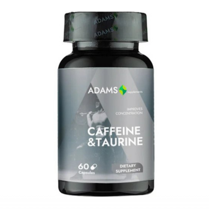 Adams Supplements Caffeine + Taurine supplement bottle with 60 capsules, showing label details and product packaging.