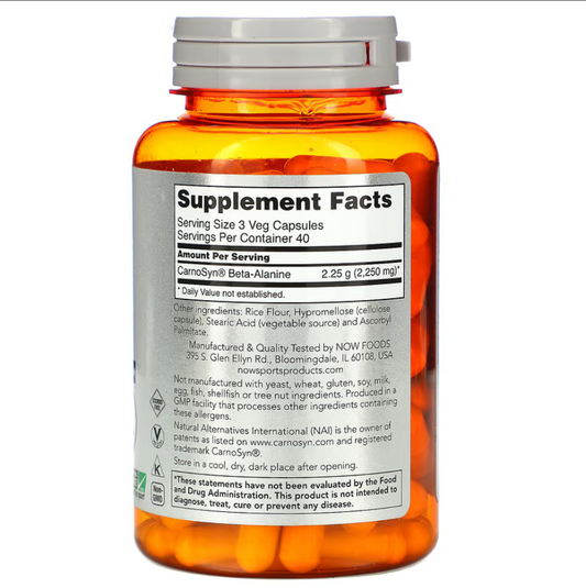 NOW Foods Beta-Alanine sports supplement capsules, 750 mg, endurance support, 120 vegan capsules for athletic performance