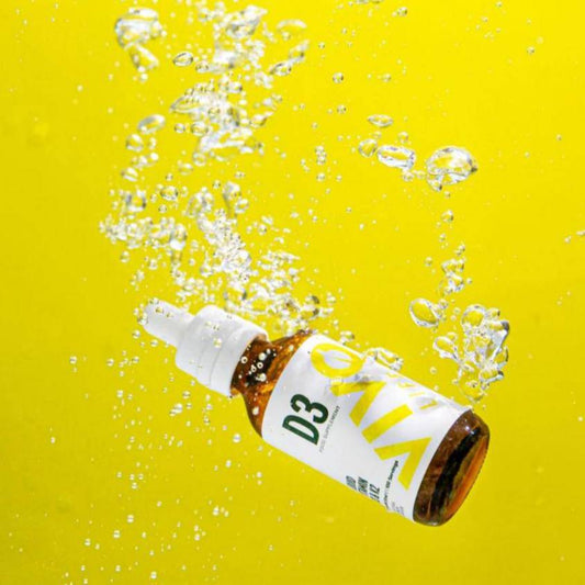 Vivo Life Vitamin D3 with K2 plant-based supplement bottle, showing the label and capsules inside the bottle.