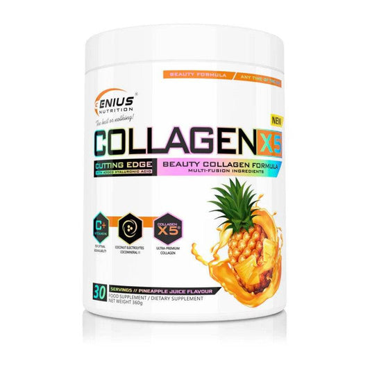 Genius Nutrition COLLAGEN-X5 supplement container, 360g, 30 servings, with label showing supplement details and branding.