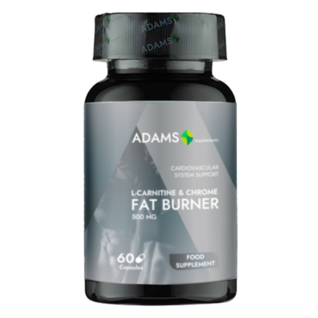 Adams Supplements L-Carnitine+Chrome fat burner supplement bottle with 60 capsules, labeled for weight management support.