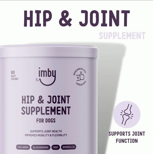 IMBY Hip & Joint dog supplement bottle with label, featuring natural ingredients and product branding on a white background.