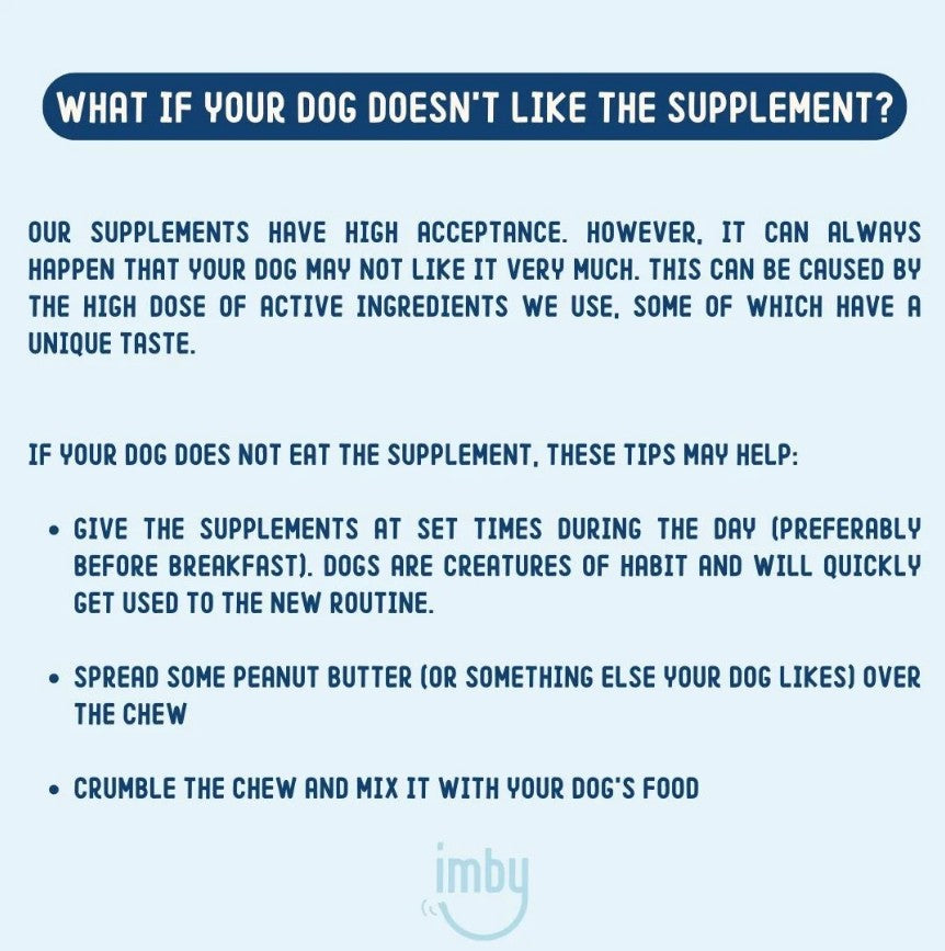 IMBY probiotics for dogs, showing a bottle of dietary supplements with capsules and packaging on a white background.