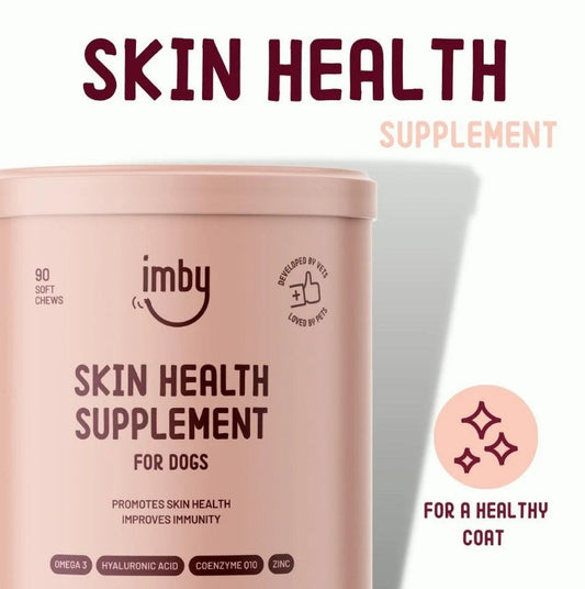 IMBY Skin Health dog product in a tub, featuring a label with ingredients and a textured cream inside.