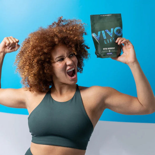 Vivo Life Intra-Workout supplement container with 20 servings, featuring label design and nutritional information.