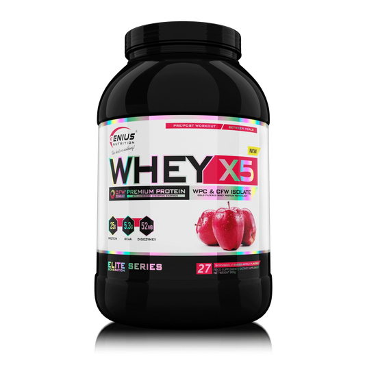 Genius Nutrition WHEY-X5 protein powder in baked apple flavor, 900g jar with label display, suitable for muscle recovery and nutrition.