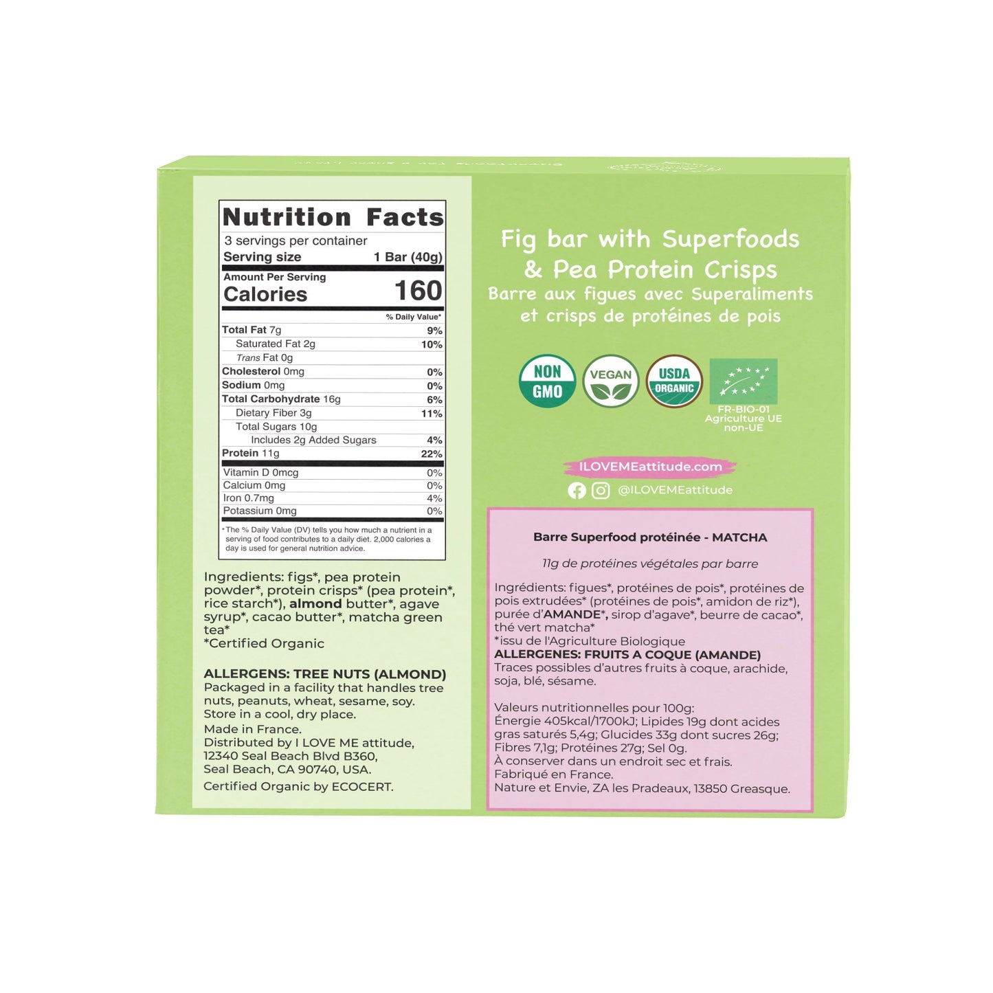 Organic Matcha Protein Bar by I LOVE ME, vegan superfood snack with green matcha and plant-based ingredients, pack of three