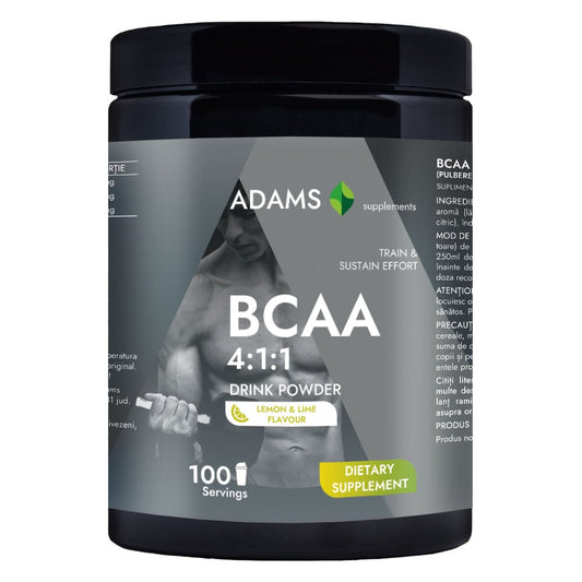 Lemon-Lime flavored Adams Supplements BCAA 4:1:1 supplement in a 400g container with a bright label and lemon-lime imagery.