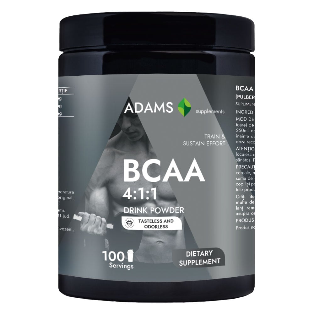 Adams Supplements BCAA 4:1:1 supplement in 400g package, featuring a white powder with a subtle aroma in a plastic container.