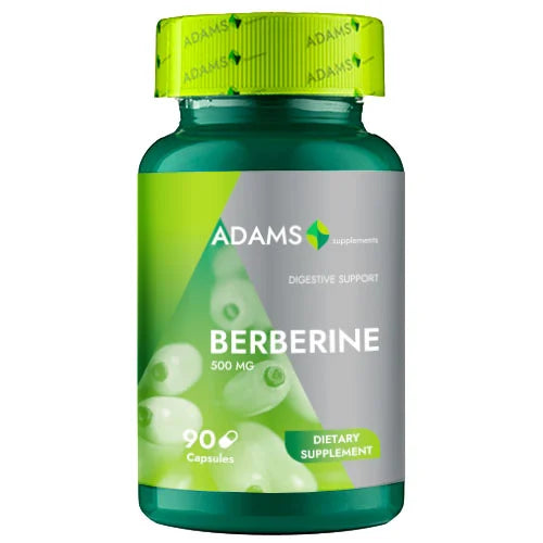 Bottle of Adams Supplements Berberine 500mg capsules, dietary supplement with 90 softgels for health support.