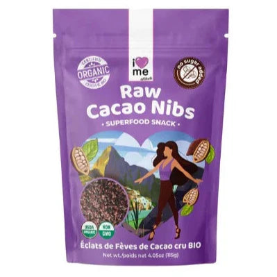 Organic cacao nibs in a 115g package from I LOVE ME superfood brand, showing crunchy cacao pieces on a neutral background.