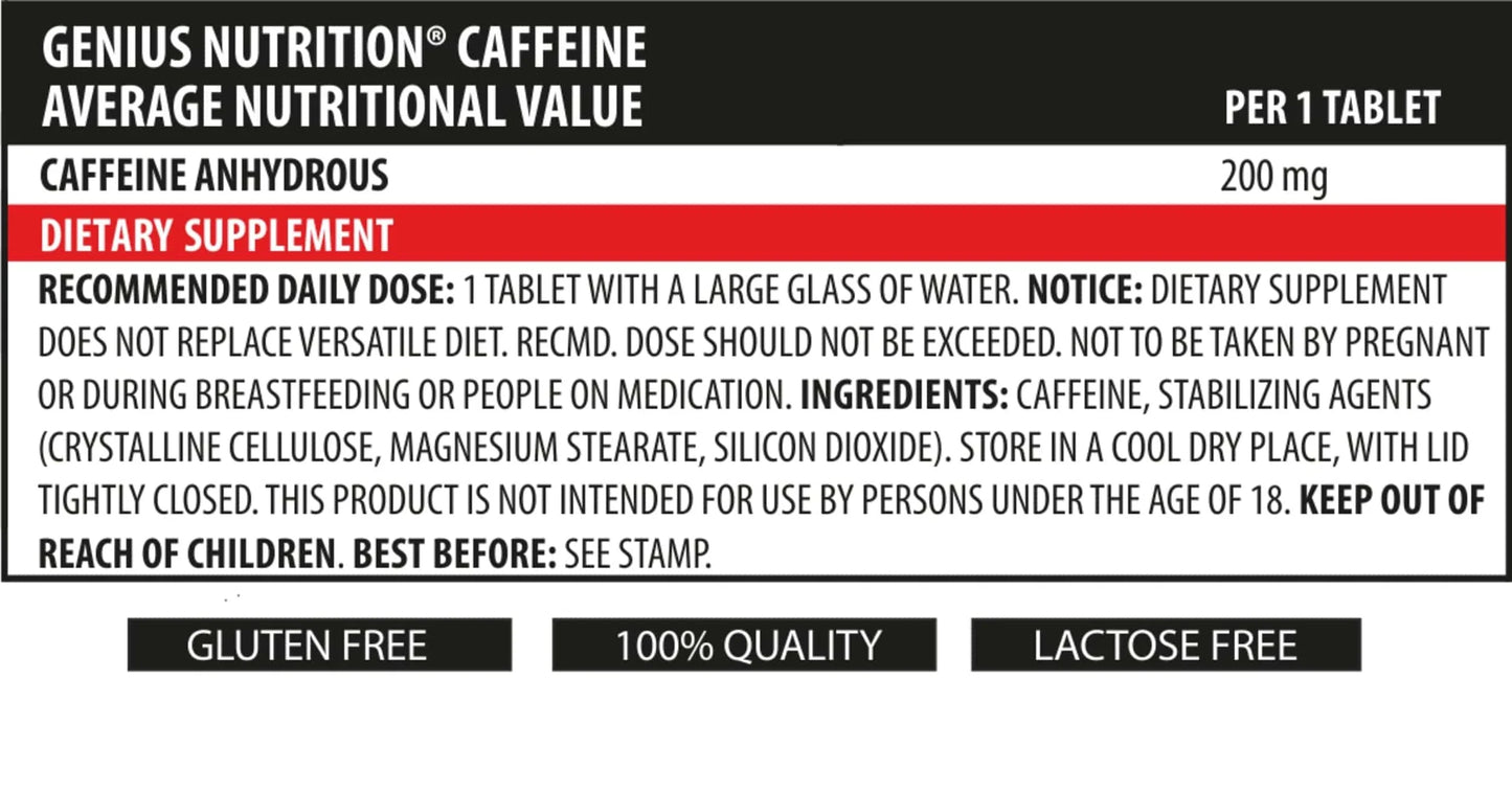 Genius Nutrition Caffeine 90-tab energy supplement bottle with 90 tablets, designed to boost alertness and focus.