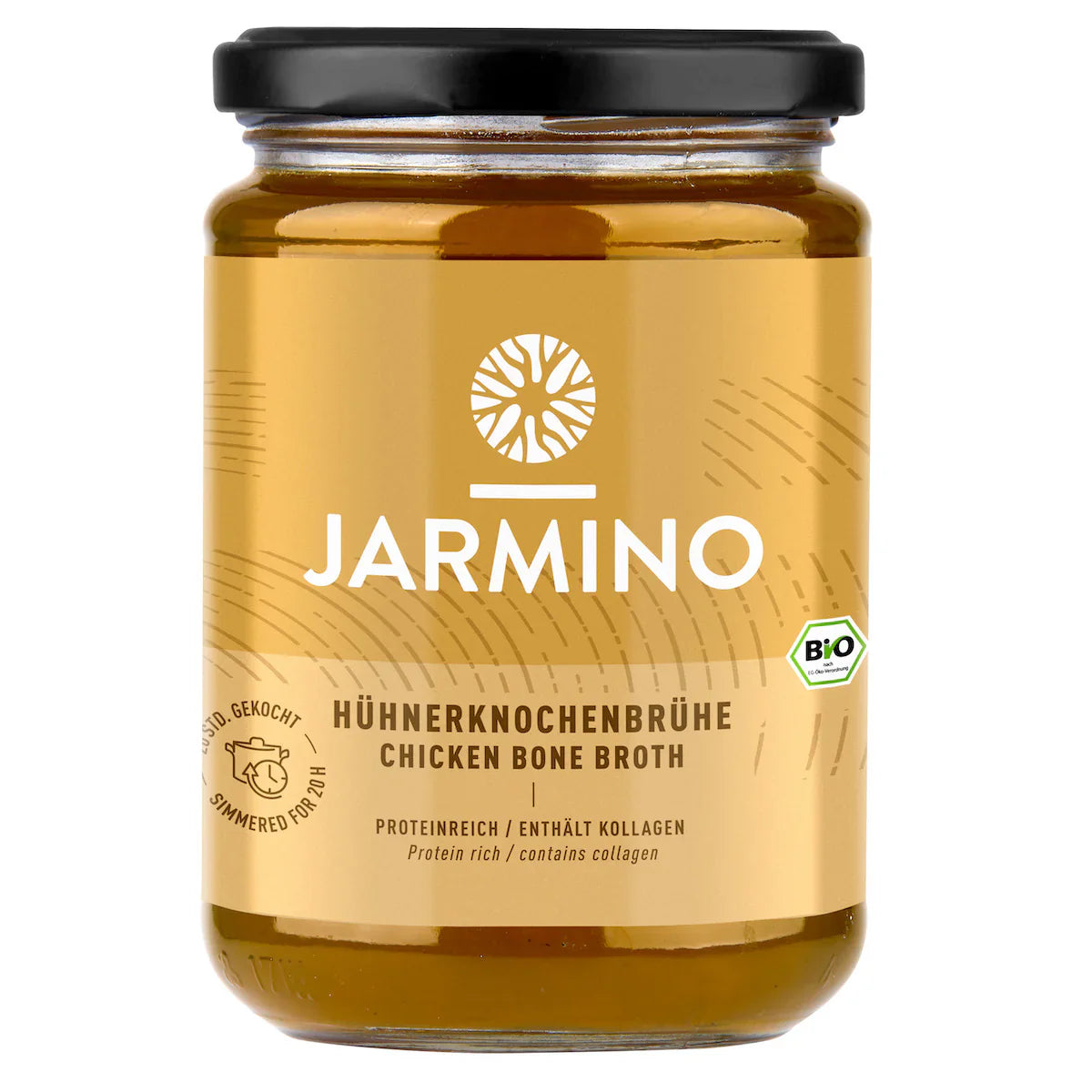 Jarmino organic chicken bone broth in a glass jar, rich in collagen, showcasing the nutrient-dense broth with visible chicken bones.