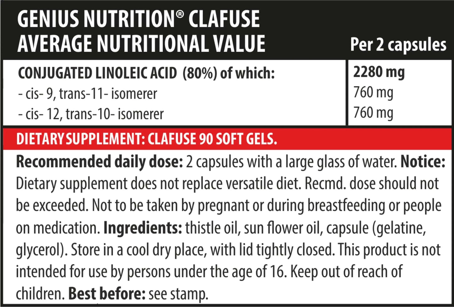 Genius Nutrition CLAFUSE 90 softgels supplement bottle, close-up of the label with softgel capsules visible in the background