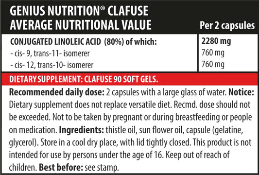 Genius Nutrition CLAFUSE 90 softgels supplement bottle, close-up of the label with softgel capsules visible in the background