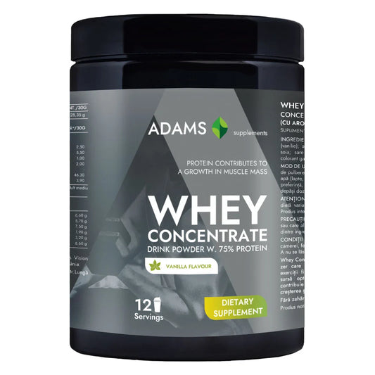 Vanilla whey protein concentrate powder by Adams Supplements, 360g container showing the protein powder scoop and label.
