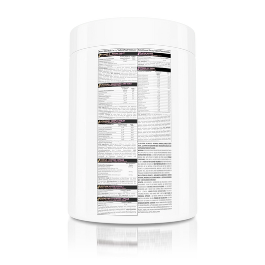 Genius Nutrition ELITEPAK supplement box with 30 packs, showing colorful vitamin and food supplement capsules on the packaging.