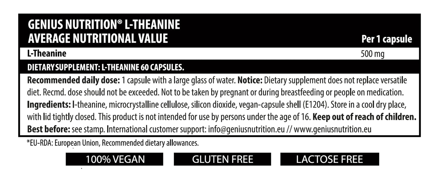 Genius Nutrition L-Theanine supplement bottle with 60 capsules, dietary supplement for relaxation and mental clarity.