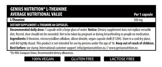 Genius Nutrition L-Theanine supplement bottle with 60 capsules, dietary supplement for relaxation and mental clarity.