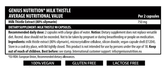 Genius Nutrition Milk Thistle supplement bottle with 90 capsules, natural herbal supplement for liver support.