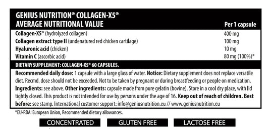 Genius Nutrition COLLAGEN-X5 supplement bottle with 60 capsules on a white background.