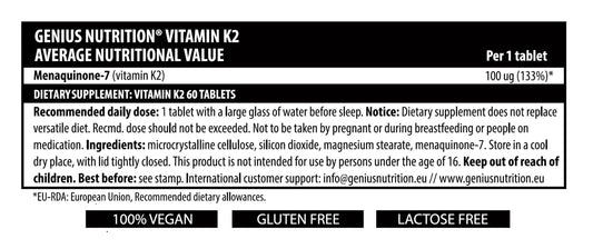 Genius Nutrition Vitamin K2 supplement bottle with 60 tablets, showing the label and product details on a white background.