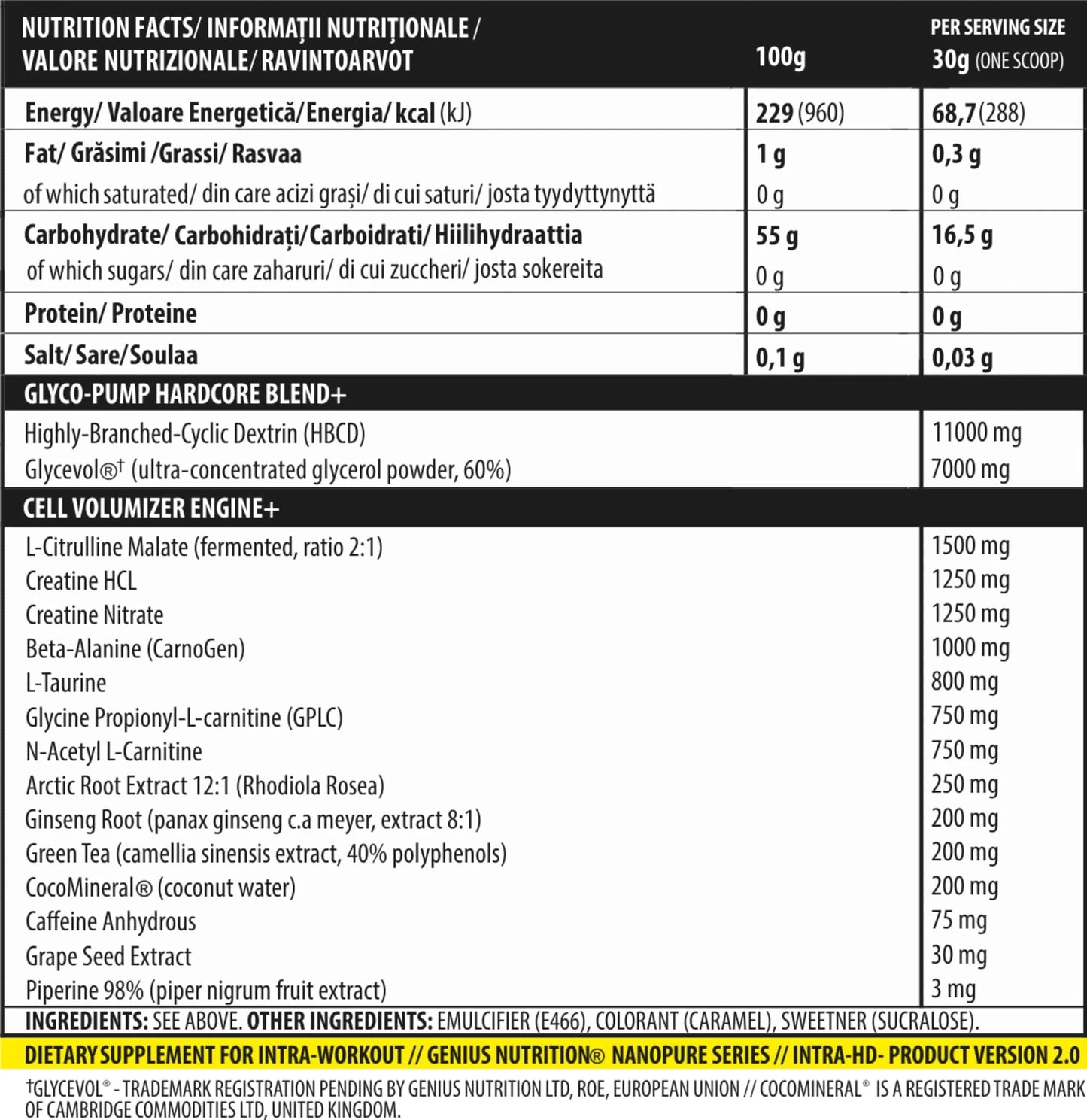 Genius Nutrition INTRA-HD supplement container, 750g, 24 servings, fitness nutrition for muscle recovery and performance.