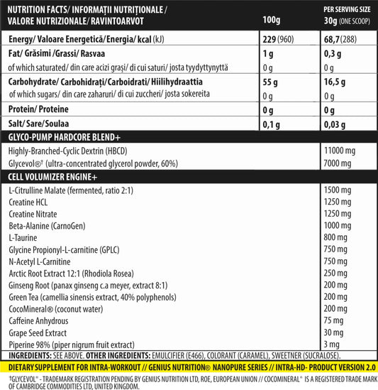 Genius Nutrition INTRA-HD supplement container, 750g, 24 servings, fitness nutrition for muscle recovery and performance.