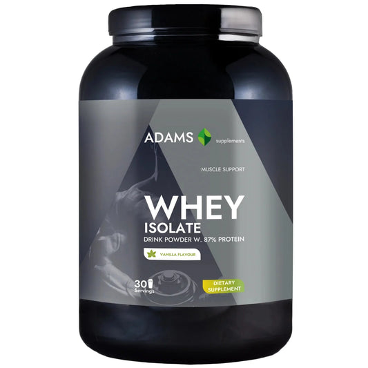 Vanilla whey isolate protein powder by Adams Supplements in a 908g container, showcasing the protein powder scoop and label.