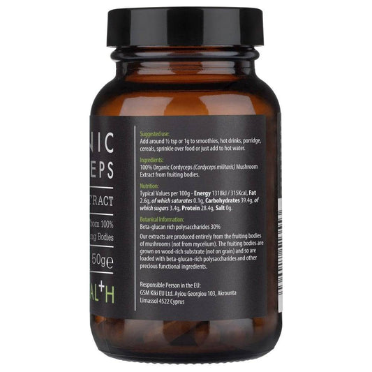 Organic Cordyceps Mushroom Extract Powder from Kiki Health by Herbalistas, 50g supplement in a resealable pouch.
