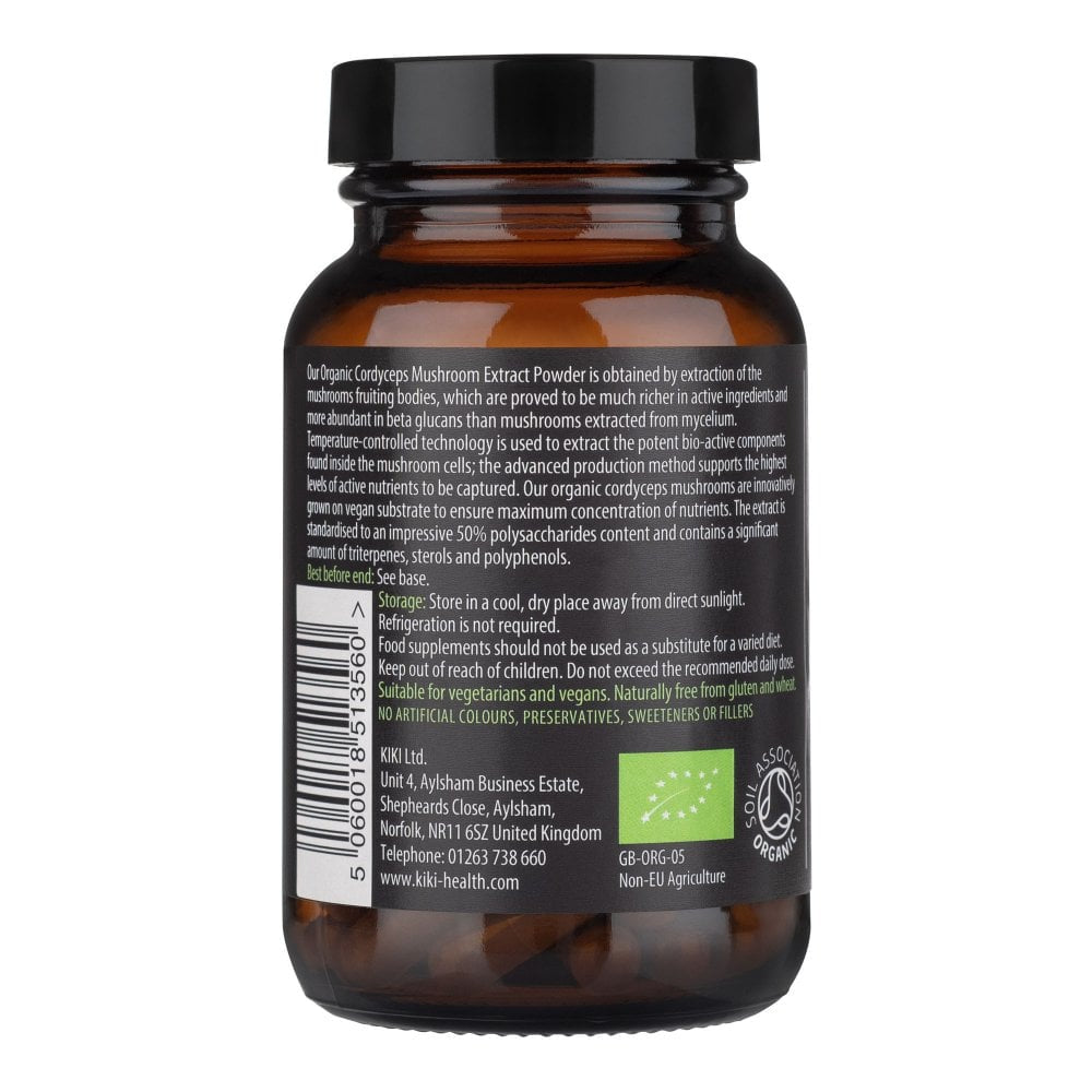 Kiki Health Organic Cordyceps Mushroom Extract in 60 Vegicaps, showcasing the packaging and capsule details.